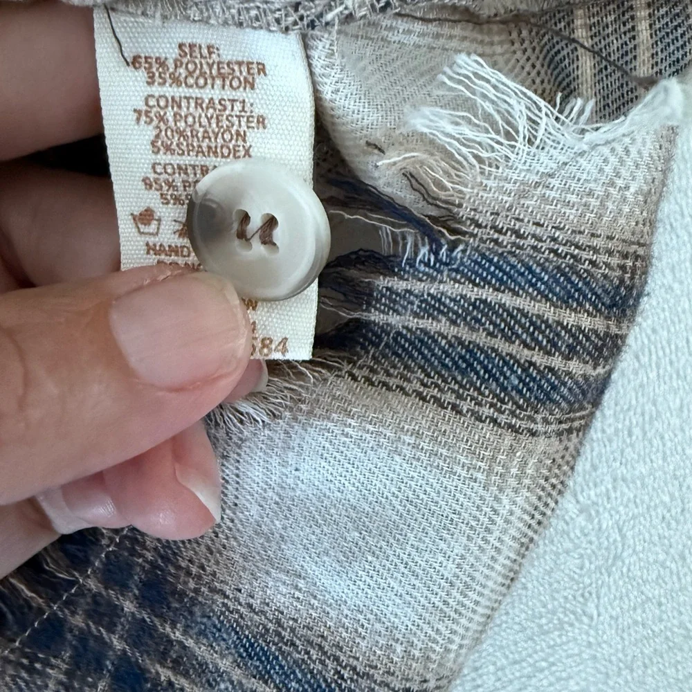 Hem & Thread Brown Cream Plaid Button Shirt Fringed Hem Size Large E68 - Picture 3 of 5